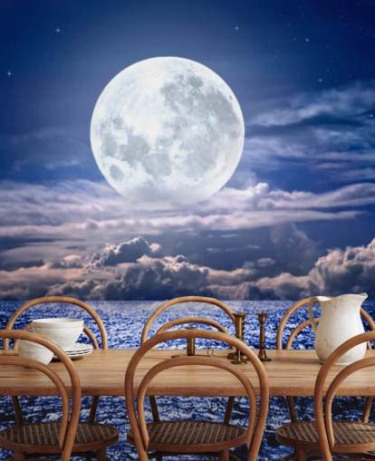 Papier Peint Lune Blanche, Ciel Bleu et Océan