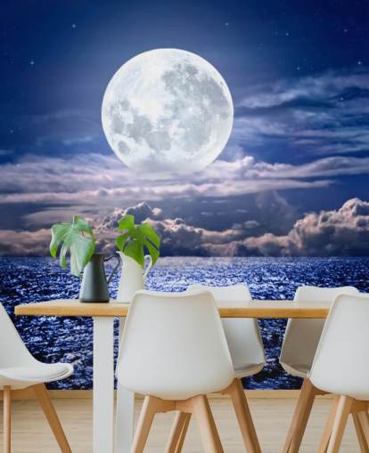 Fondo de Pantalla Luna Blanca Cielo Azul y Océano