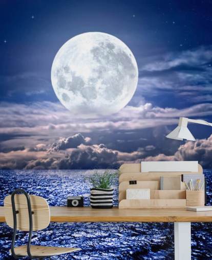 Hvit Moon Blå Himmel og Ocean Bakgrunn