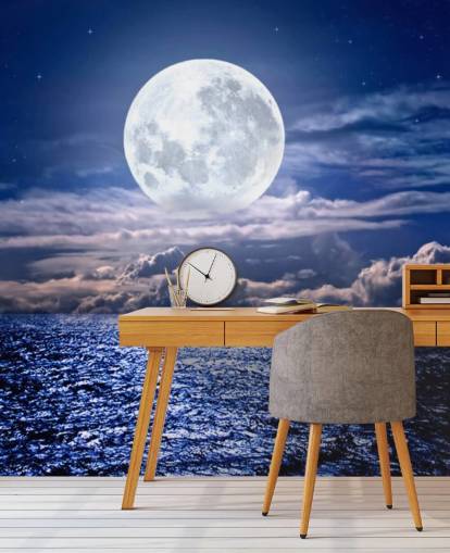 Fondo de Pantalla Luna Blanca Cielo Azul y Océano