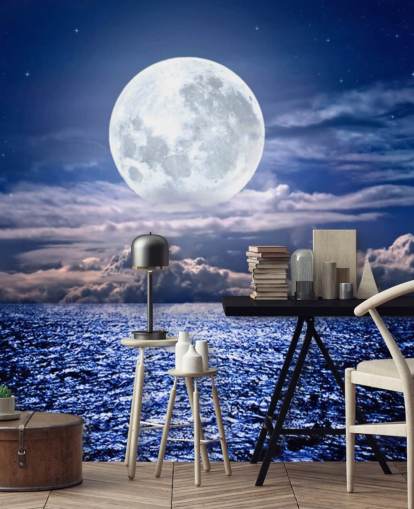White Moon Blue Sky and Ocean Wallpaper