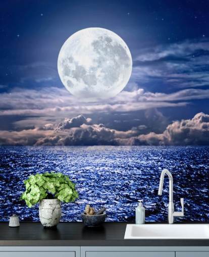Papier Peint Lune Blanche, Ciel Bleu et Océan Papier Peint Lune Blanche, Ciel Bleu et Océan