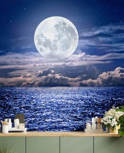 White Moon Blue Sky and Ocean Wallpaper