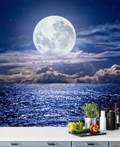Papier Peint Lune Blanche, Ciel Bleu et Océan