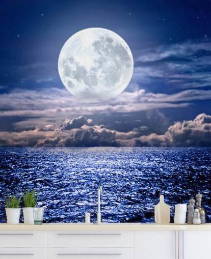 White Moon Blue Sky and Ocean Wallpaper