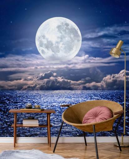 White Moon Blue Sky and Ocean Wallpaper