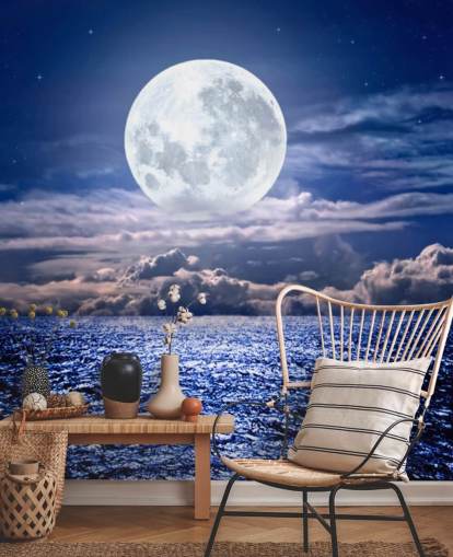 Fondo de Pantalla Luna Blanca Cielo Azul y Océano