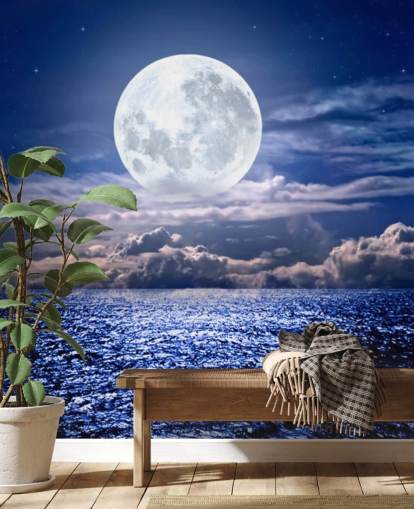 Weißer Mond, Blauer Himmel und Ozean Wallpaper