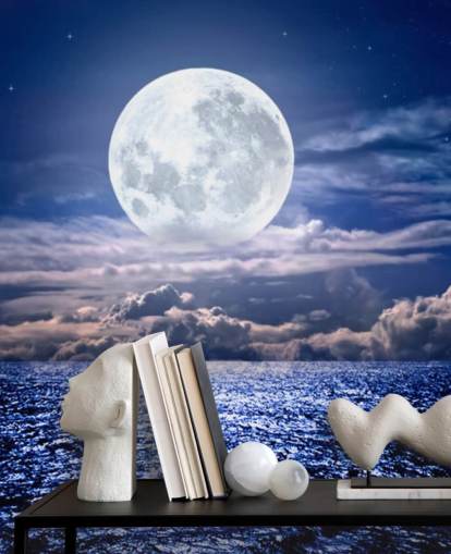 Papier Peint Lune Blanche, Ciel Bleu et Océan Papier Peint Lune Blanche, Ciel Bleu et Océan