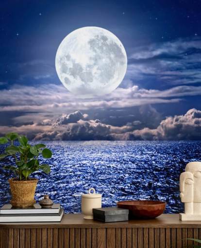 Fondo de Pantalla Luna Blanca Cielo Azul y Océano