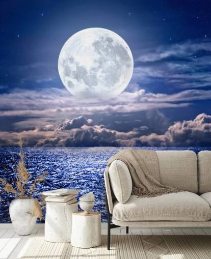 Hvit Moon Blå Himmel og Ocean Bakgrunn