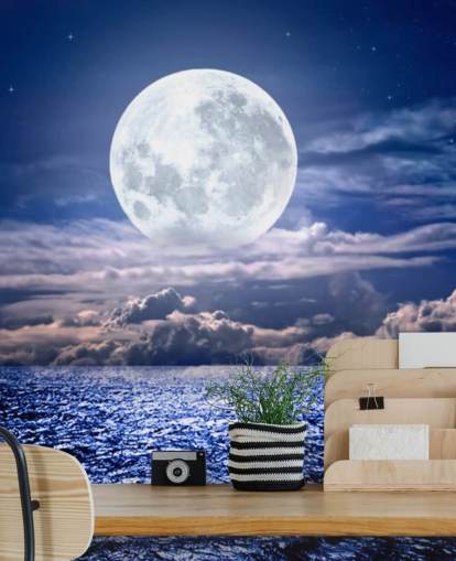 White Moon Blue Sky and Ocean Wallpaper