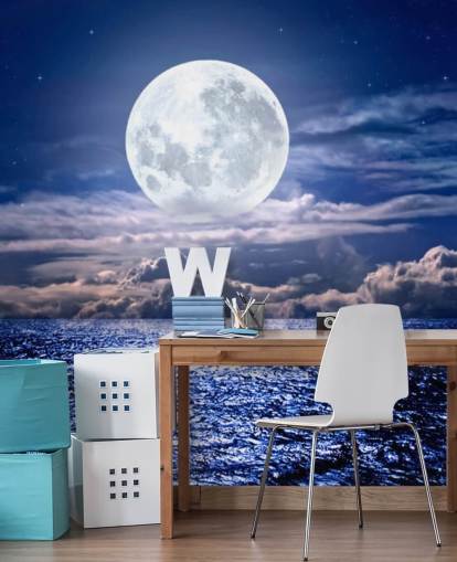 Papier Peint Lune Blanche, Ciel Bleu et Océan