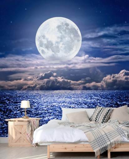 White Moon Blue Sky og Ocean Baggrund