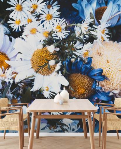 Carta da parati murale con fiori bianchi e blu