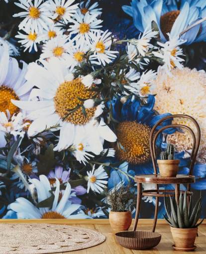 Carta da parati murale con fiori bianchi e blu