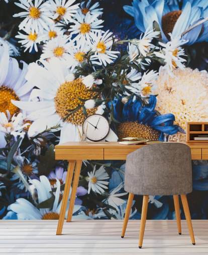 Papel de parede de flores azuis e brancas