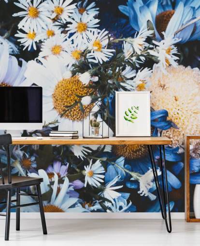 Blå og hvide blomster Baggrund Mural