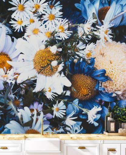 Blå og hvite blomster Bakgrunn Mural Blå og hvite blomster Bakgrunn Mural