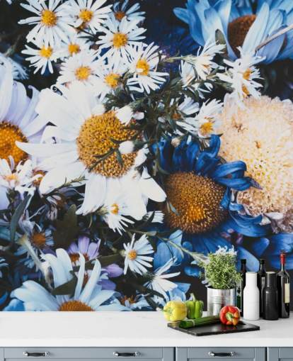 Blå og hvite blomster Bakgrunn Mural