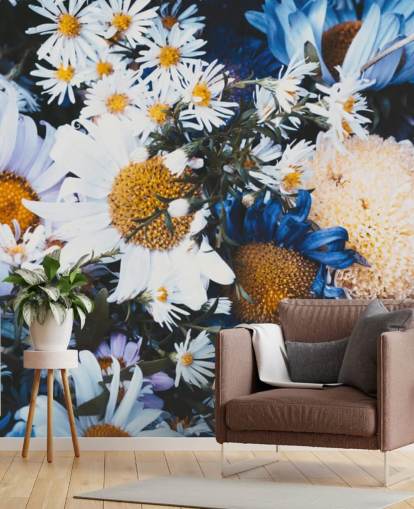 Blauwe en witte bloemen behang muurschildering Blauwe en witte bloemen behang muurschildering