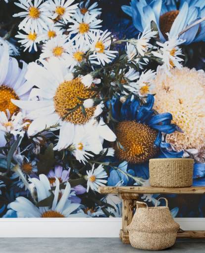 Blå og hvite blomster Bakgrunn Mural