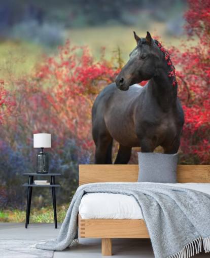 Black Horse Surrounded by Red Berry Bushes and Berries in Mane Wall Mural