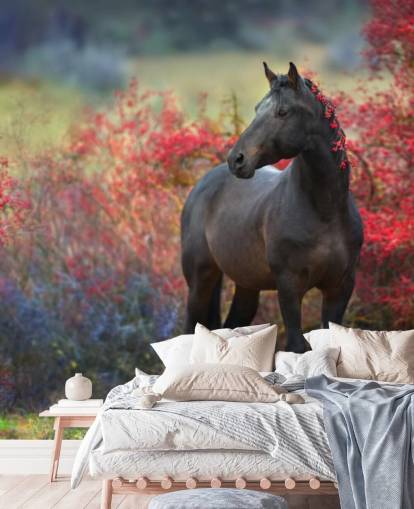 Black Horse Surrounded by Red Berry Bushes and Berries in Mane Wall Mural