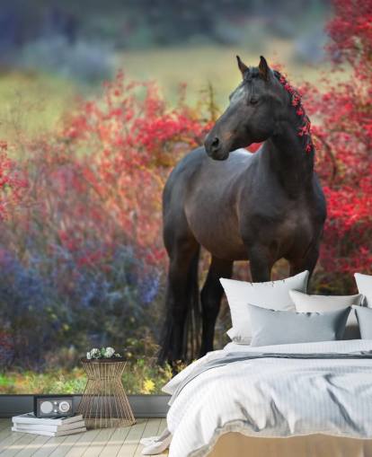Black Horse Surrounded by Red Berry Bushes and Berries in Mane Wall Mural