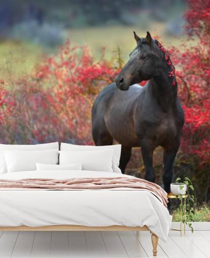 Black Horse Surrounded by Red Berry Bushes and Berries in Mane Wall Mural