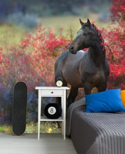 Black Horse Surrounded by Red Berry Bushes and Berries in Mane Wall Mural