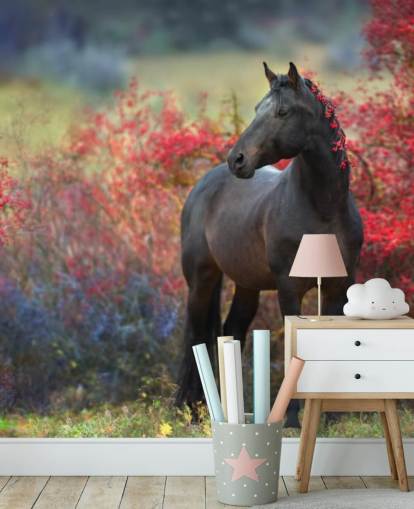 Black Horse Surrounded by Red Berry Bushes and Berries in Mane Wall Mural