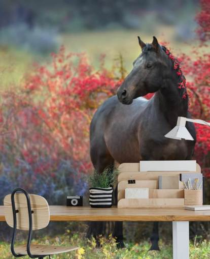 Black Horse Surrounded by Red Berry Bushes and Berries in Mane Wall Mural
