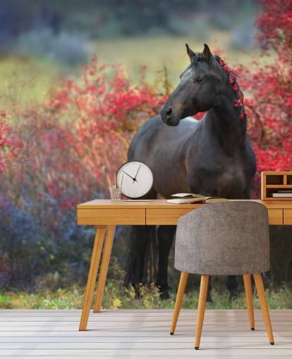 Black Horse Surrounded by Red Berry Bushes and Berries in Mane Wall Mural