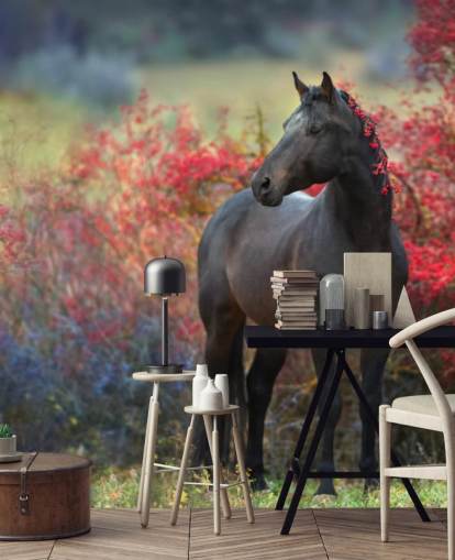 Black Horse Surrounded by Red Berry Bushes and Berries in Mane Wall Mural