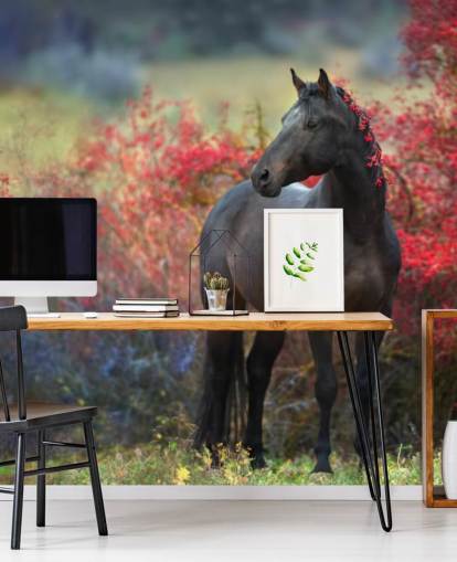 Black Horse Surrounded by Red Berry Bushes and Berries in Mane Wall Mural