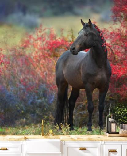 Black Horse Surrounded by Red Berry Bushes and Berries in Mane Wall Mural