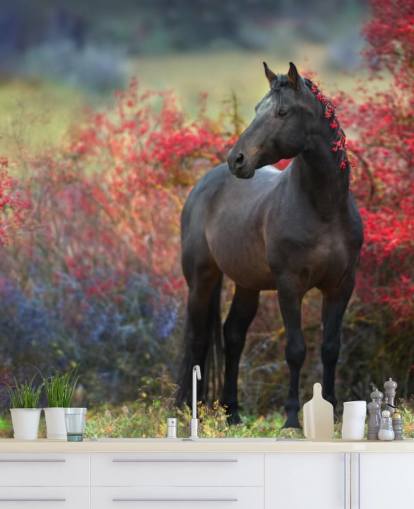 Black Horse Surrounded by Red Berry Bushes and Berries in Mane Wall Mural