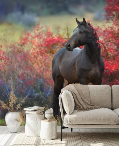 Black Horse Surrounded by Red Berry Bushes and Berries in Mane Wall Mural