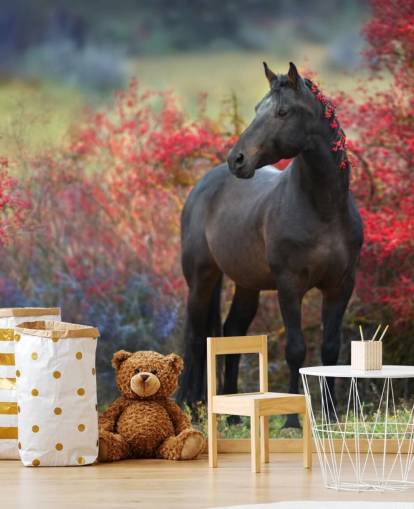Black Horse Surrounded by Red Berry Bushes and Berries in Mane Wall Mural