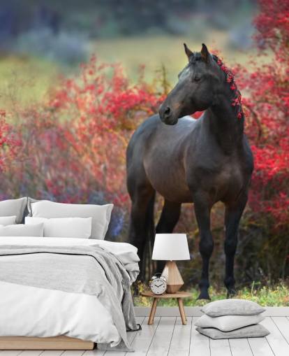 Black Horse Surrounded by Red Berry Bushes and Berries in Mane Wall Mural
