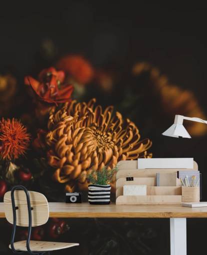 Papier Peint Fleurs Orange et Bordeaux