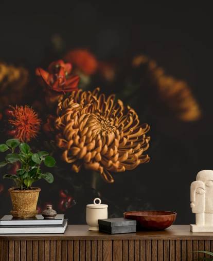 Papier Peint Fleurs Orange et Bordeaux