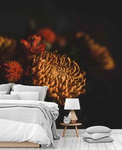 Papel pintado Flores naranjas y burdeos