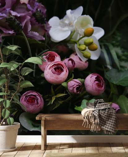 Papier Peint Bouquet romantique sur fond noir foncé