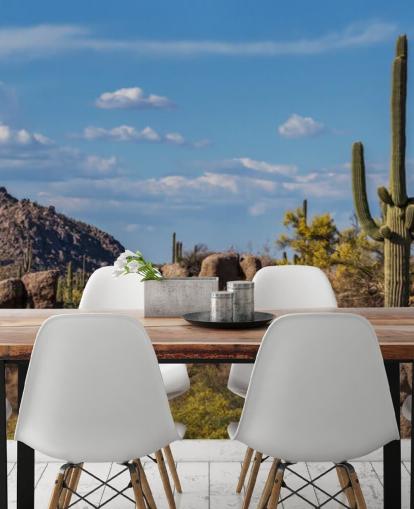 Kaktus pölyisessä maisemassa vuoristotaustakuvalla