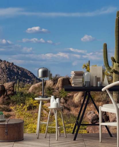 Papel de parede de cacto na paisagem empoeirada com fundo de montanha