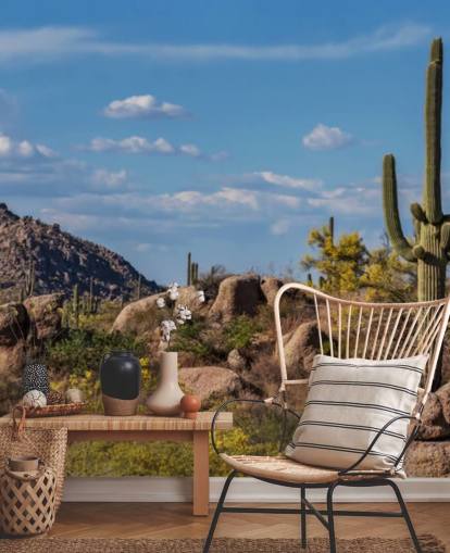 Cactus dans un paysage poussiéreux avec fond d'écran de montagne