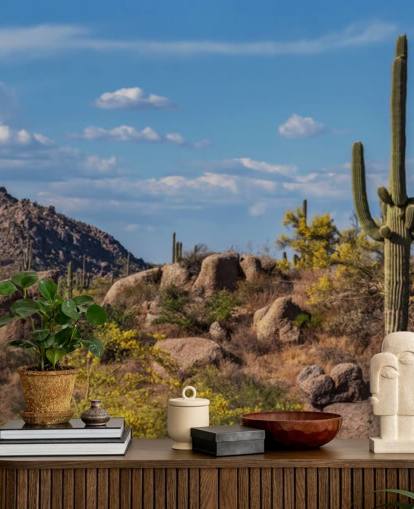 Cactus in Dusty Landscape with Mountain Background Wallpaper