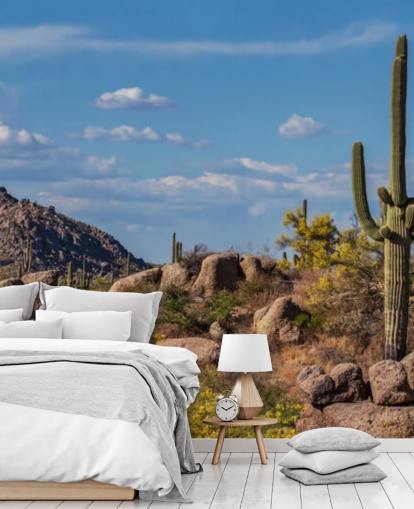 Cactus in Dusty Landscape with Mountain Background Wallpaper